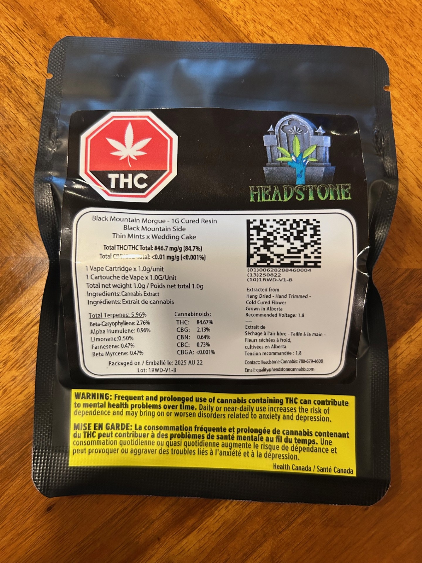 Headstone Cannabis Black Mountain Morgue Cured Resin 1g Prefilled Vape Cartridge